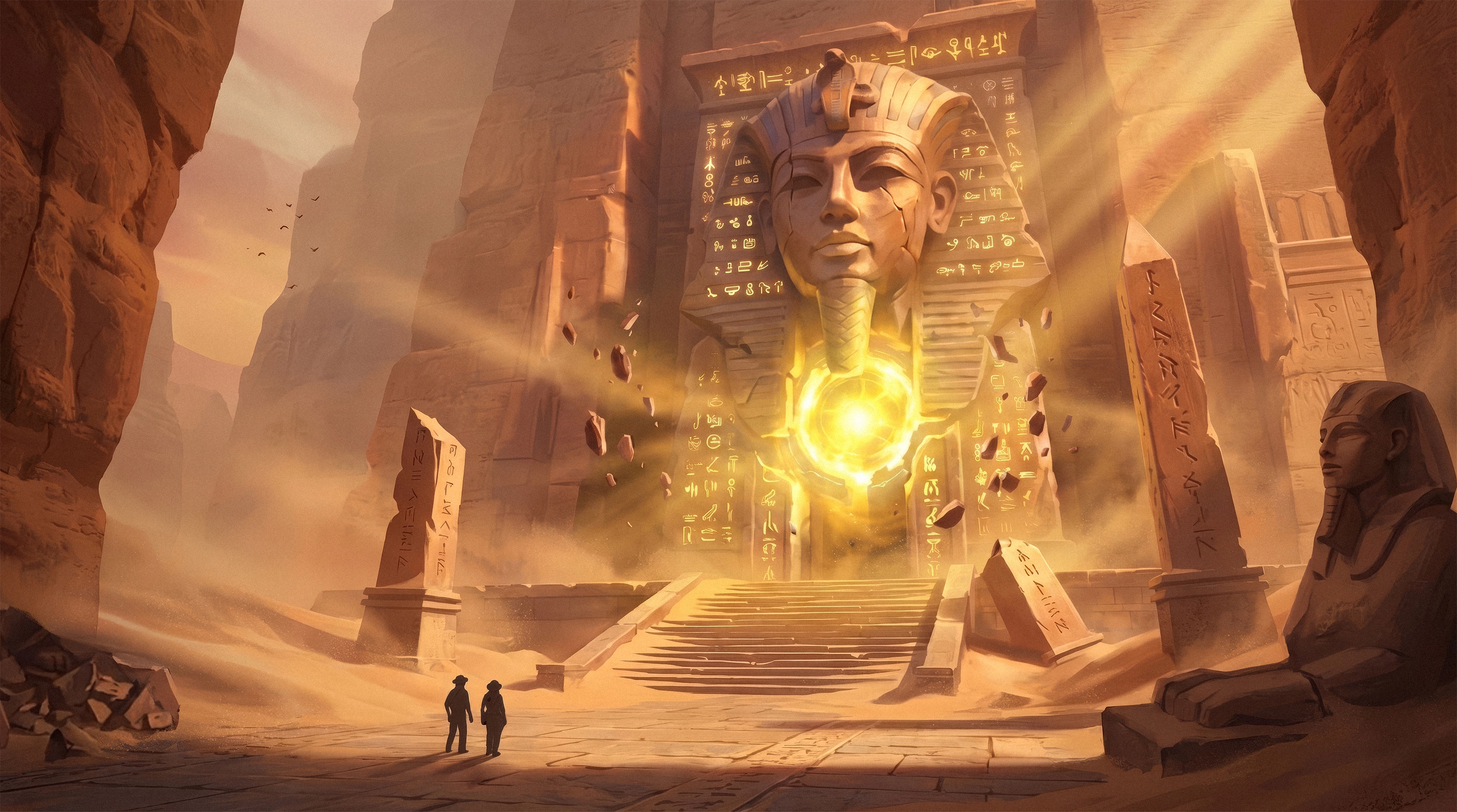 Egyptian ruins game concept art — pharaoh statue with golden glow, obelisks, and hieroglyphs in desert canyon, adventure game illustration