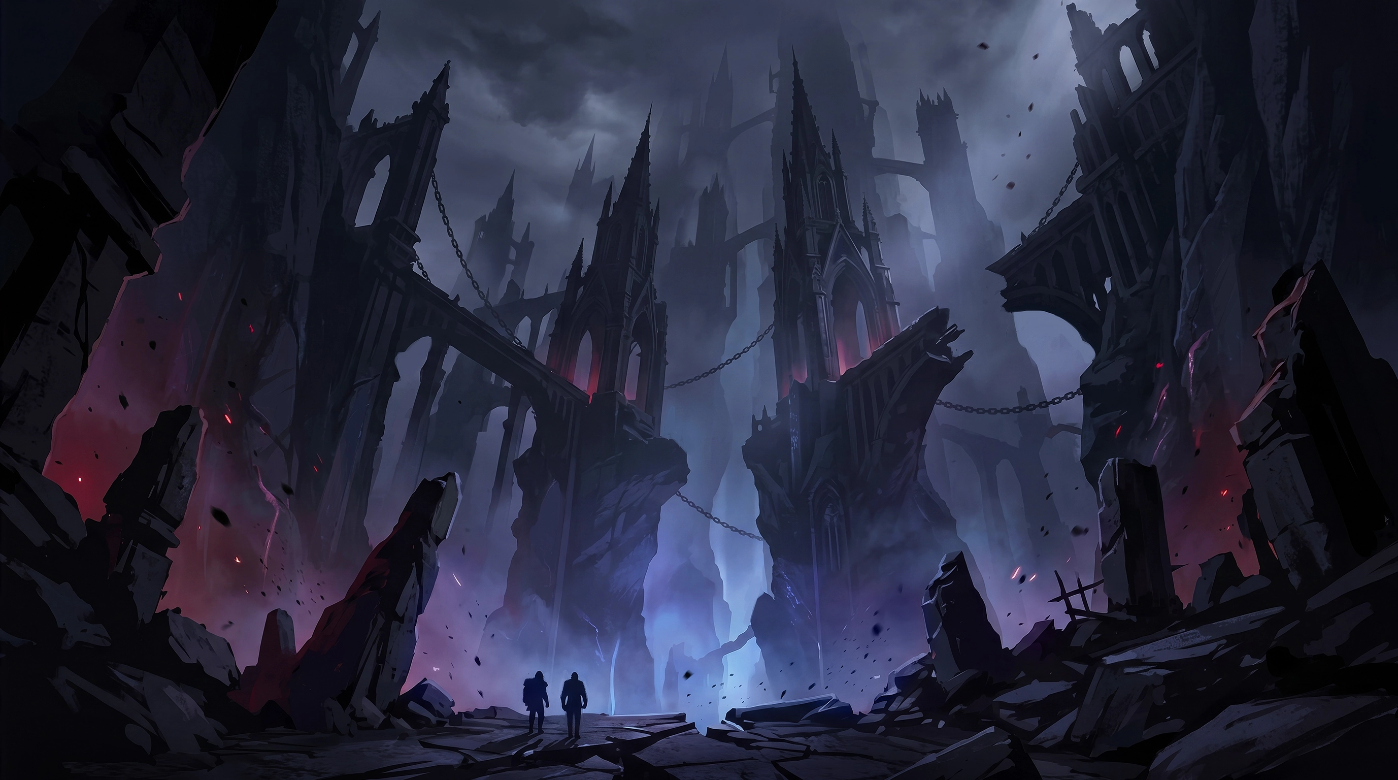 Dark gothic ruins game concept art — two figures in collapsed spire city with chains and red embers, adventure game environment art