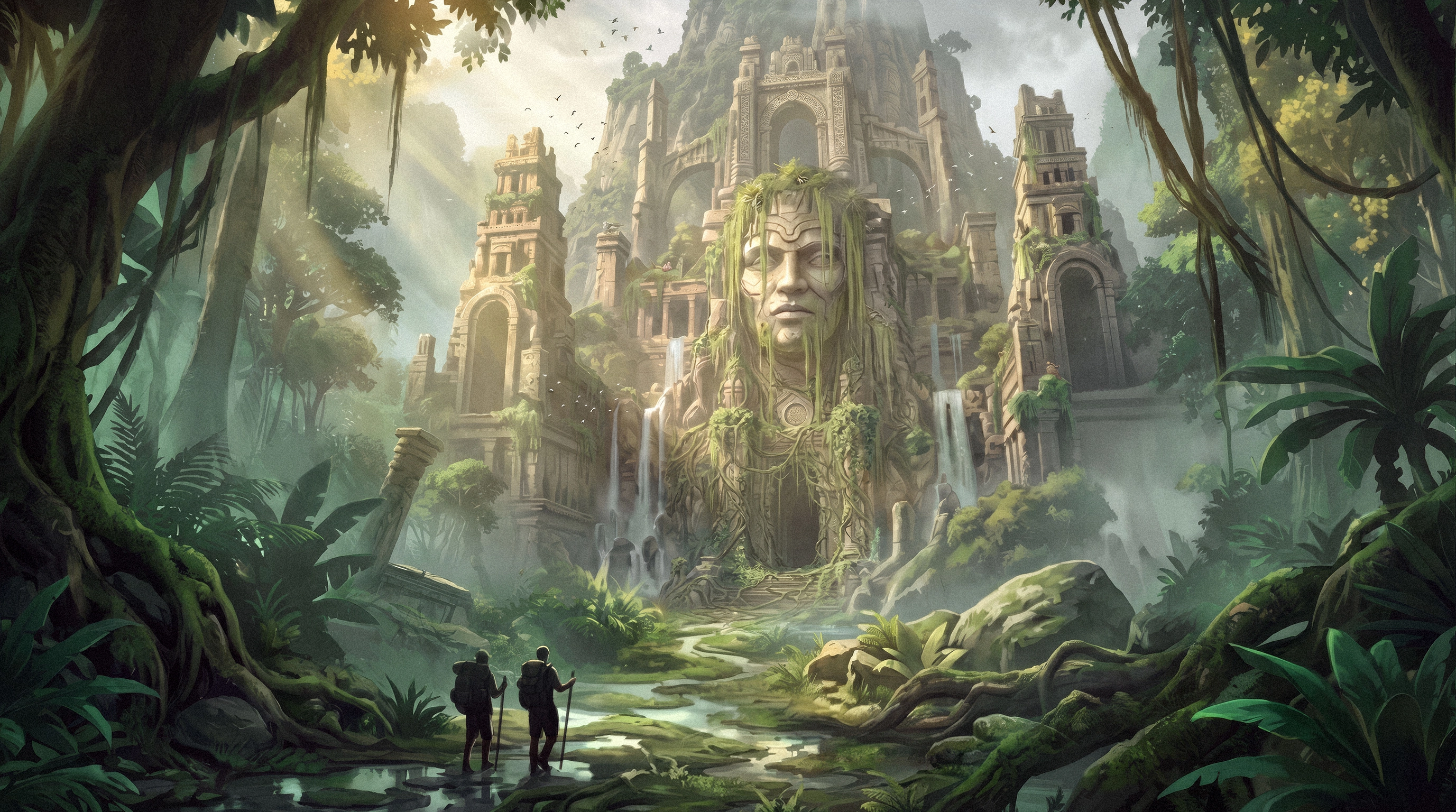Jungle temple concept art — stone face cliff with moss, waterfalls, and explorers, game environment illustration for adventure game