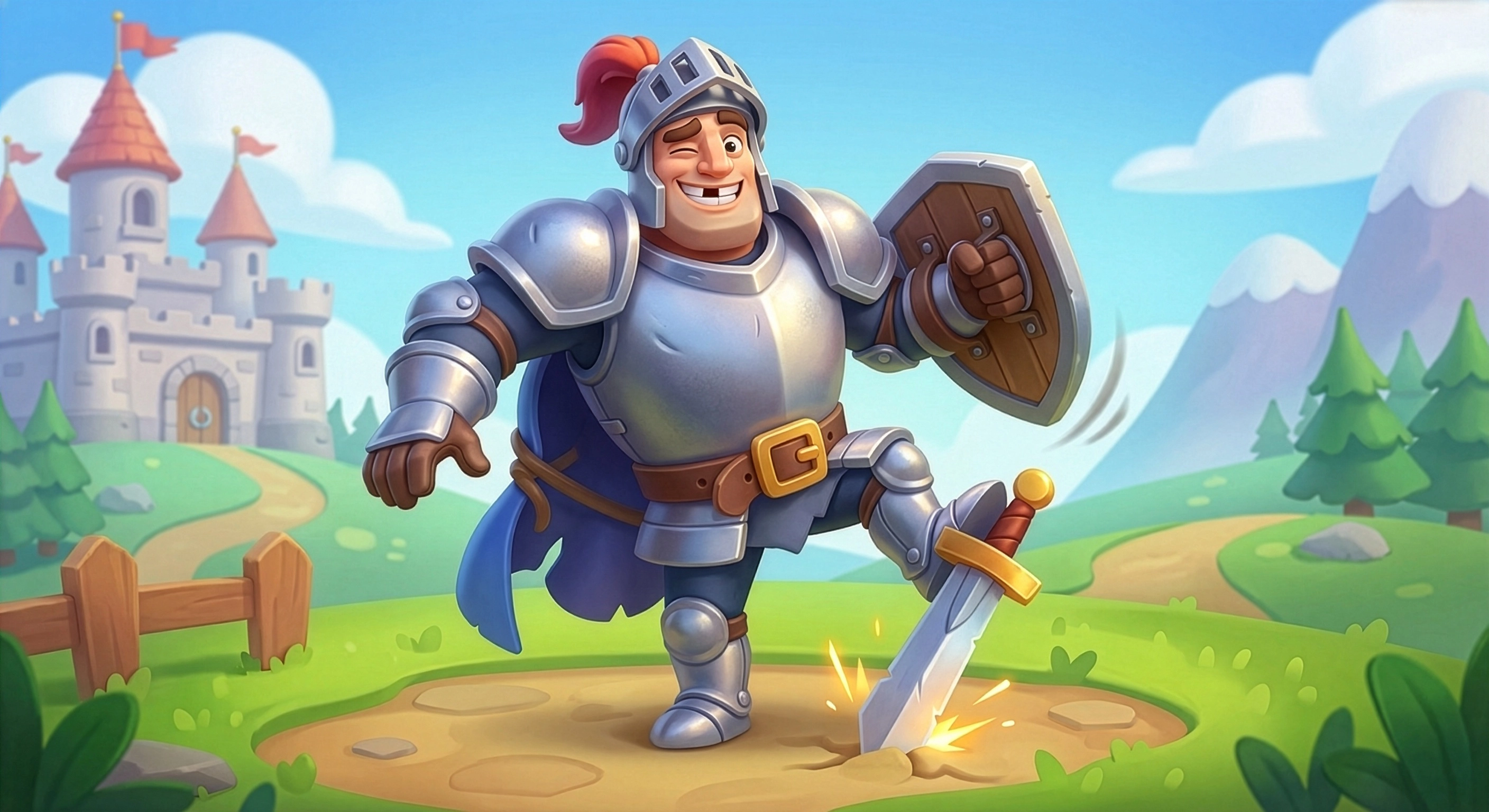 Clumsy Knight mobile game key art — cheerful armored knight with sword and shield before castle, casual game character design