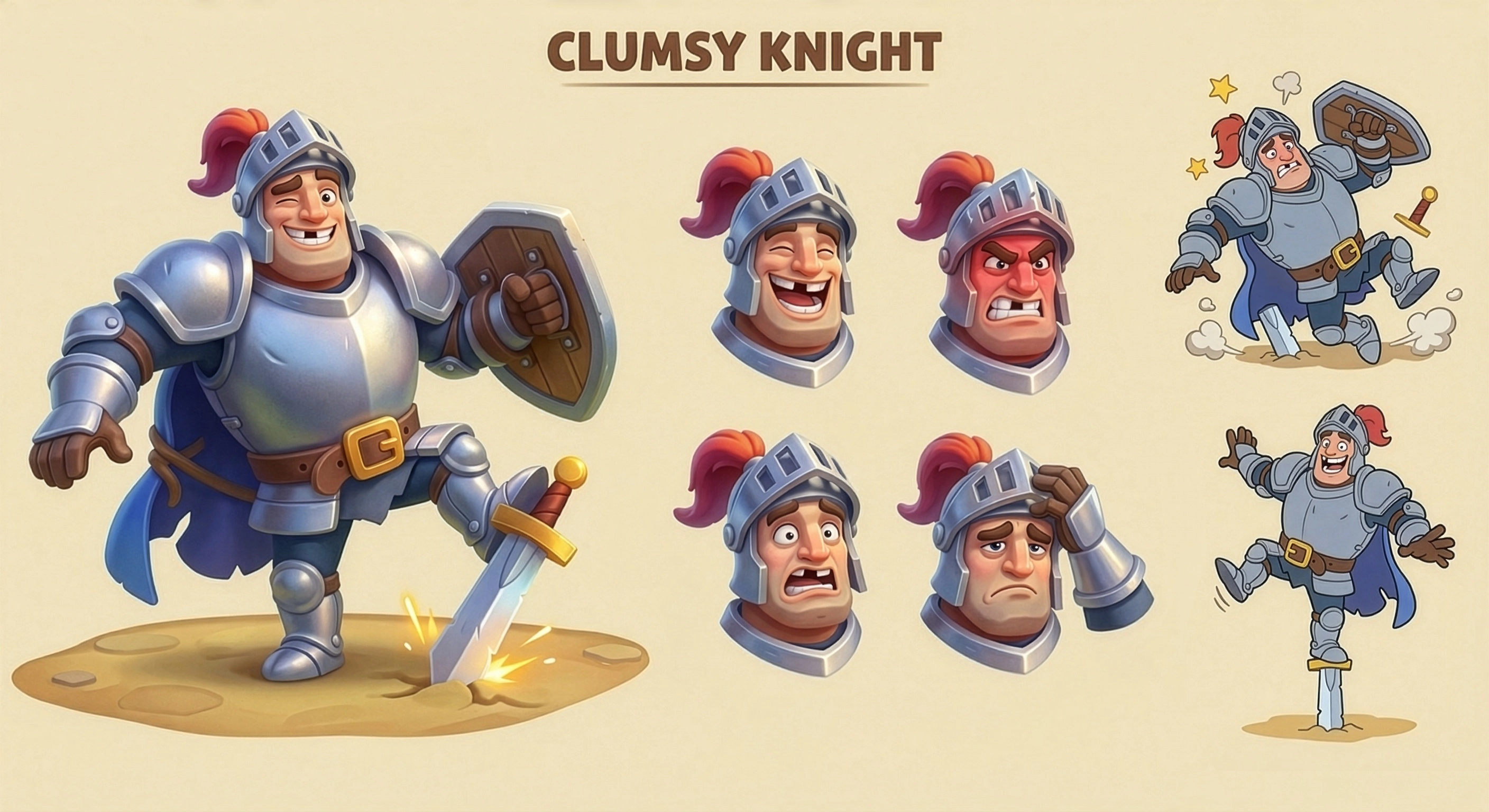 Clumsy Knight character design sheet — full body, four expressions, and action poses, casual mobile game character art production