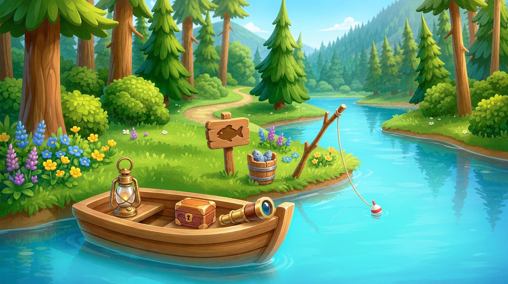 Casual game forest fishing background — wooden boat, fishing rod, and flower-lined river bank, 2D game environment illustration