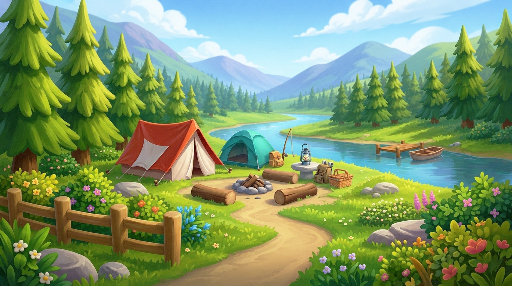Casual game camping background — tents, campfire, river dock, and mountain view, 2D mobile game environment art for nature game