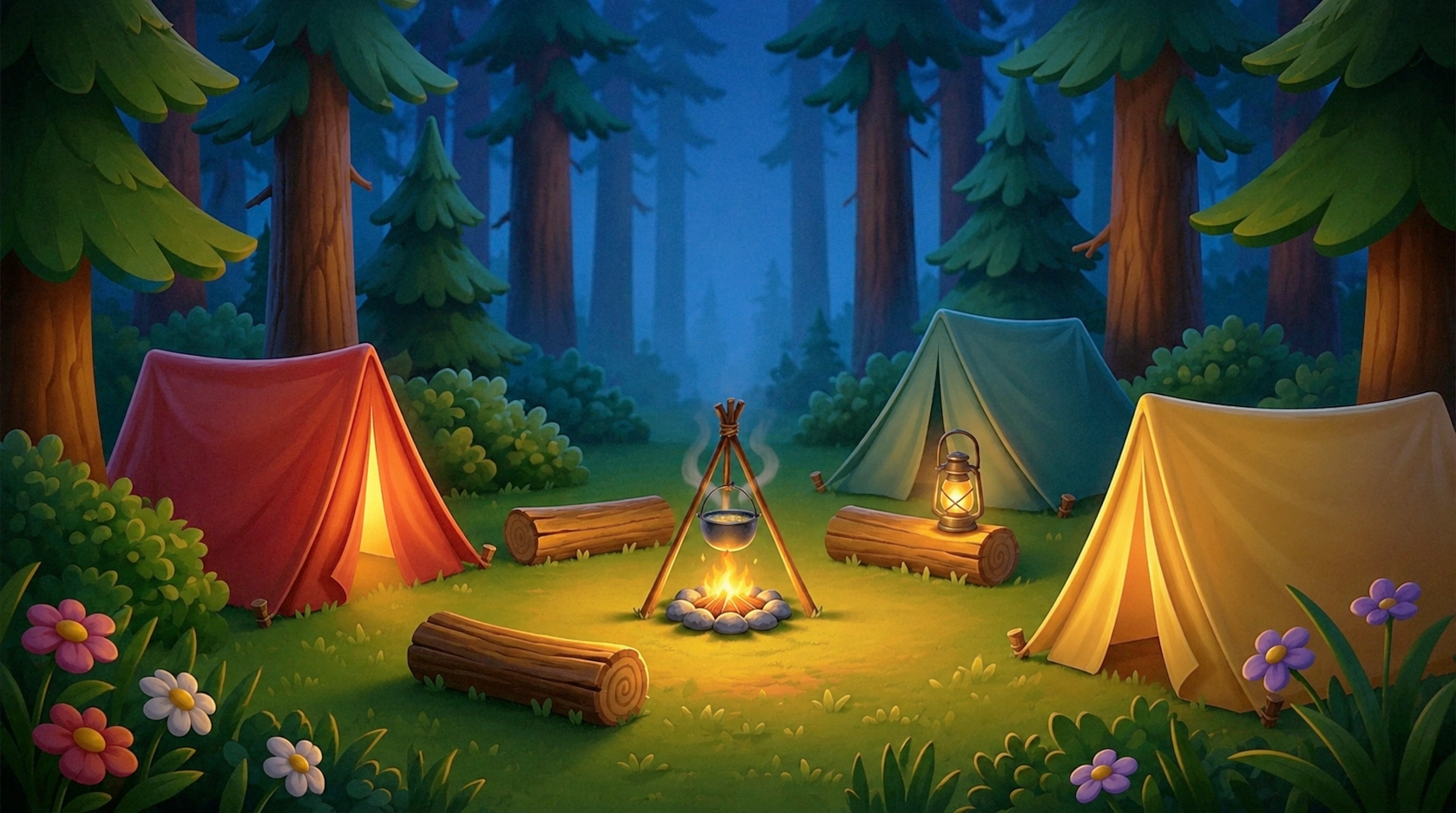 Night camping game background — three tents around campfire in dark forest, 2D game environment art for mobile nature game