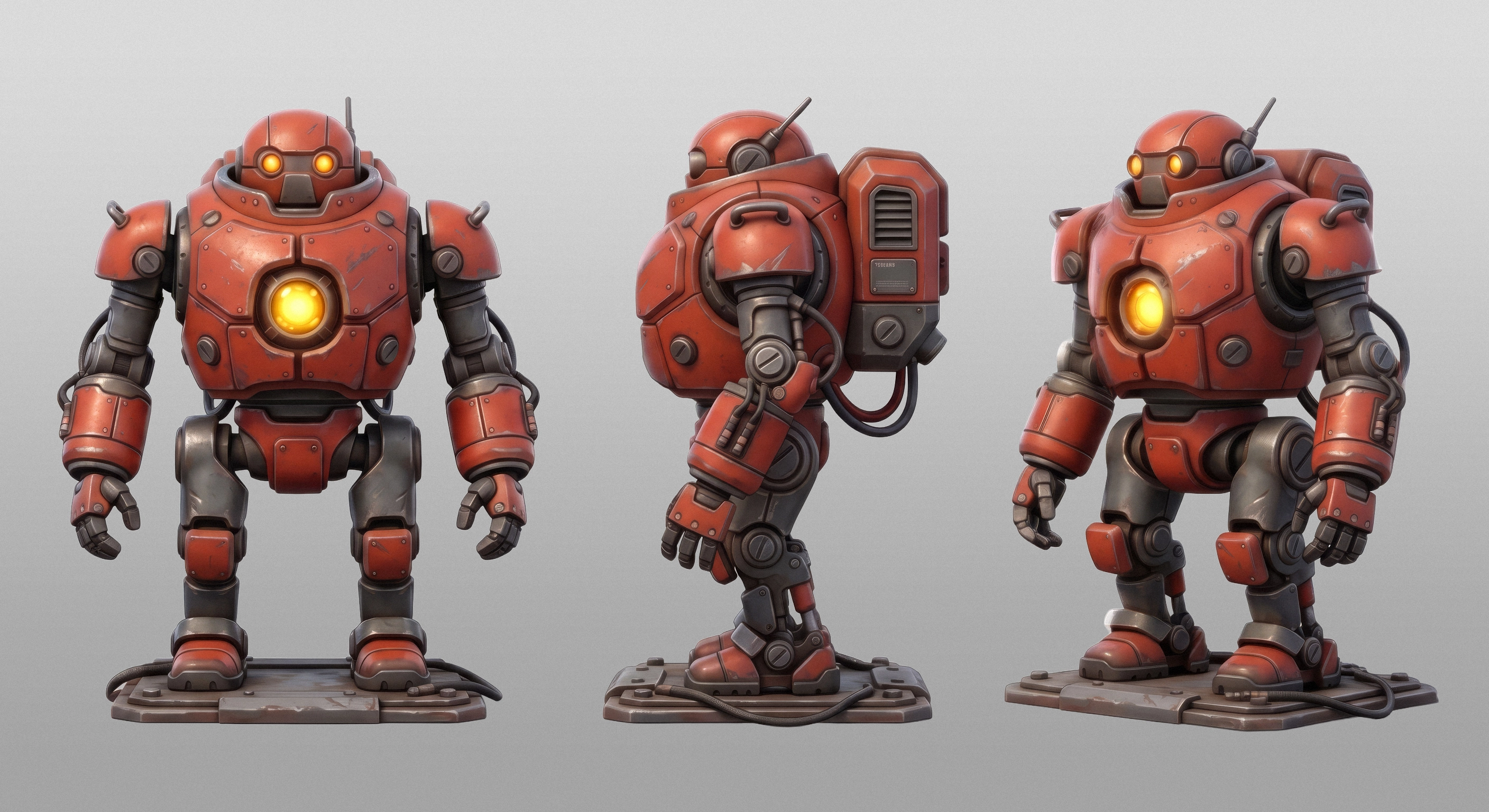 3D robot character — red armored mech with glowing eyes in three-angle view, 3D game character design from concept to render