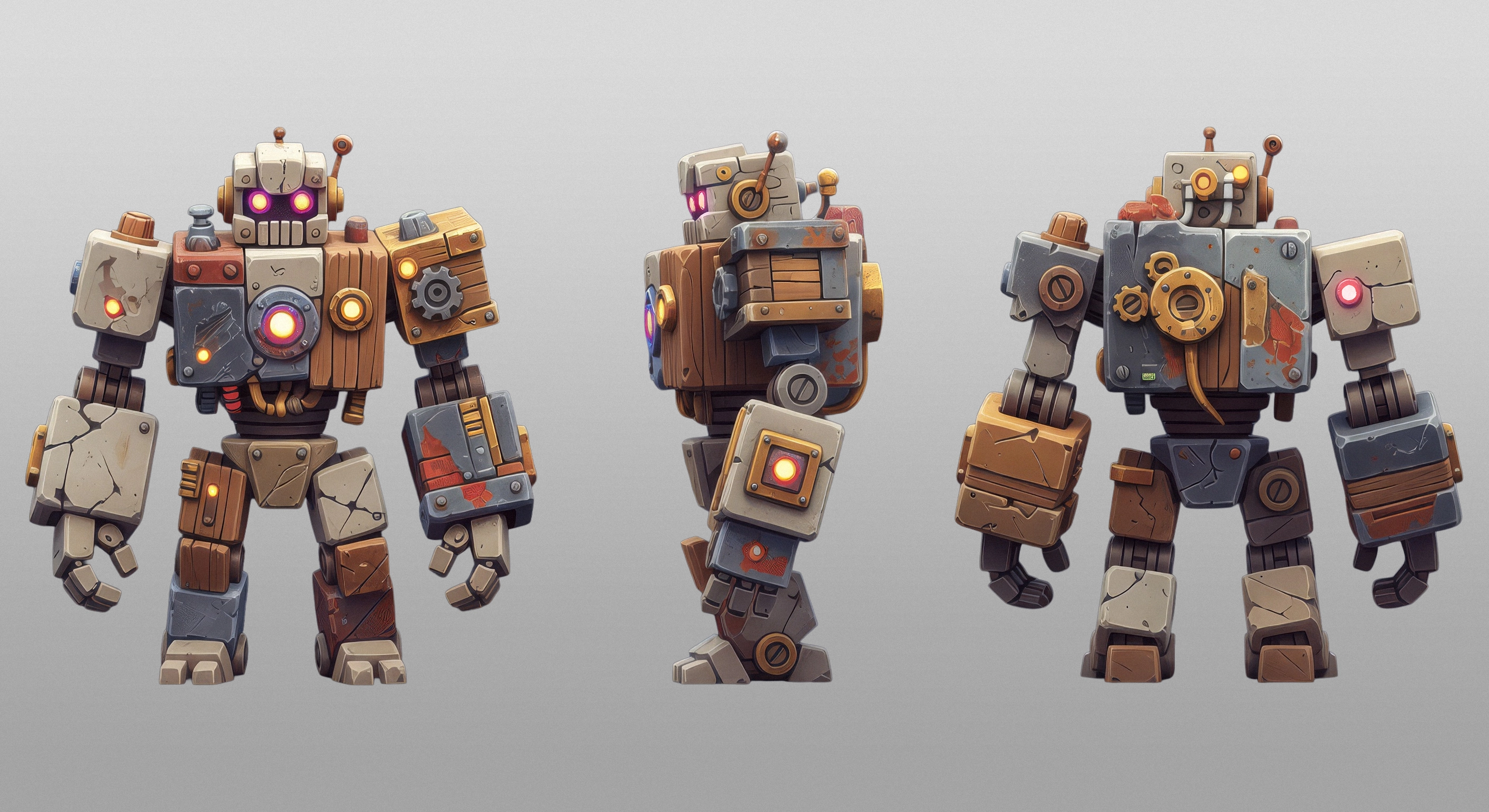3D mech robot model multi-angle view — armored robot with backpack unit and panel details, 3D game character art outsourcing