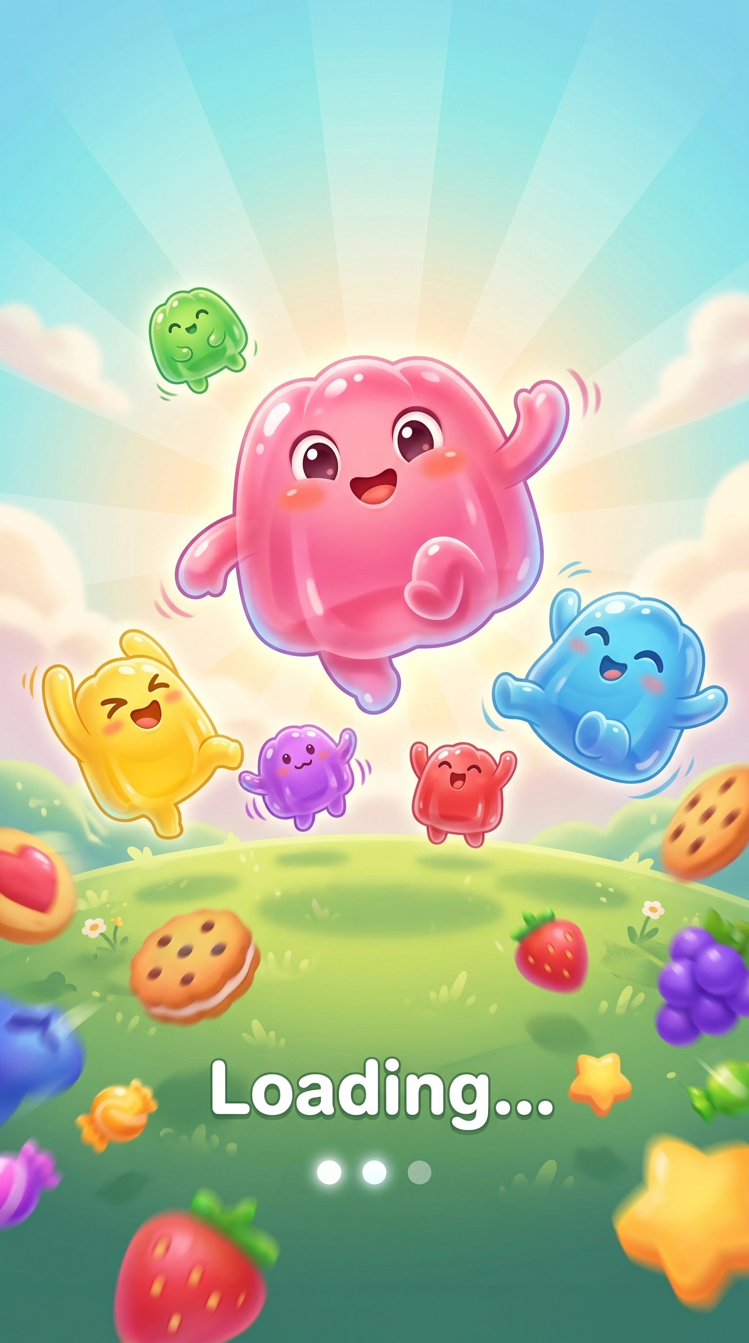 Casual match-3 game loading screen — colorful jelly characters jumping on green hill with fruit and candy, mobile game UI illustration