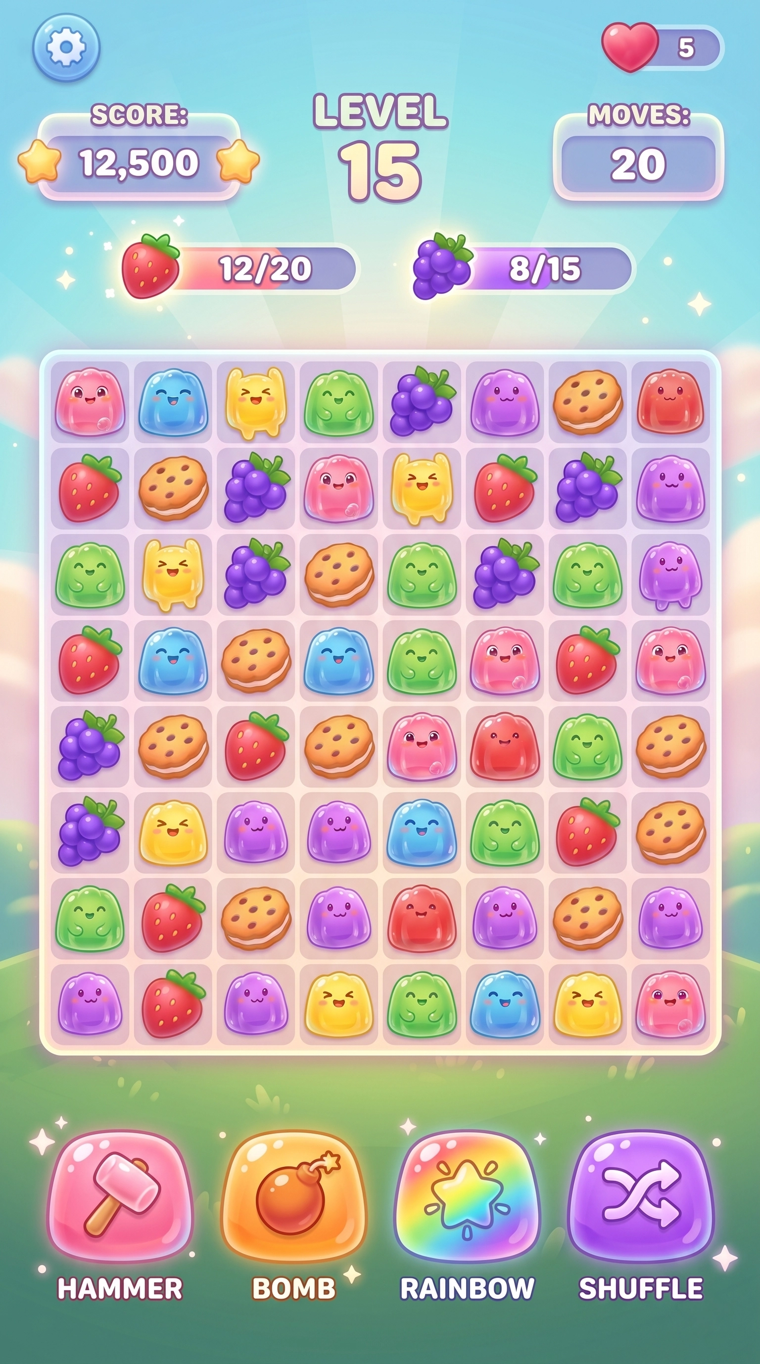 Match-3 mobile game UI with kawaii jelly and fruit tile grid, score display, and power-ups — casual game UI design for mobile puzzle game