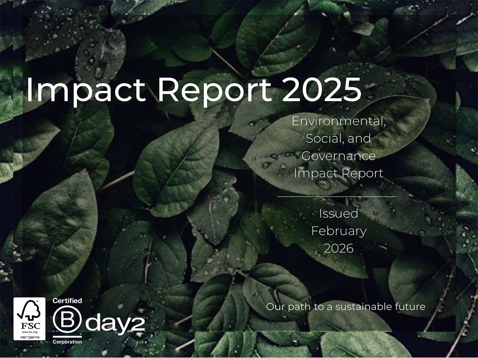 Cover of Impact Report 2025 with green leaves background, dated February 2026, focusing on Environmental, Social, and Governance impact.