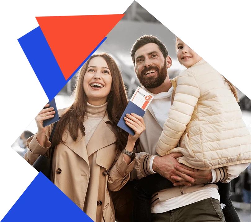 photo couple with a child, tickets in their hands