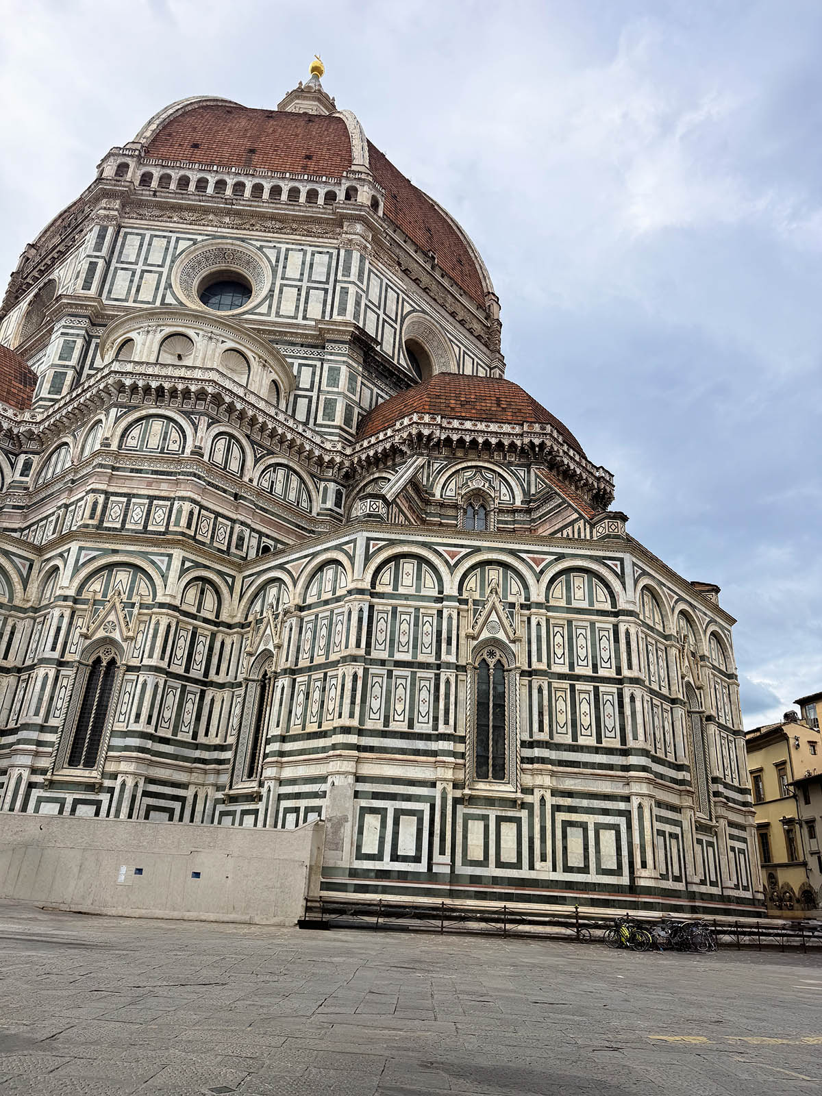 Close-up detail of Florence cathedral pink white green marble Gothic Renaissance architecture