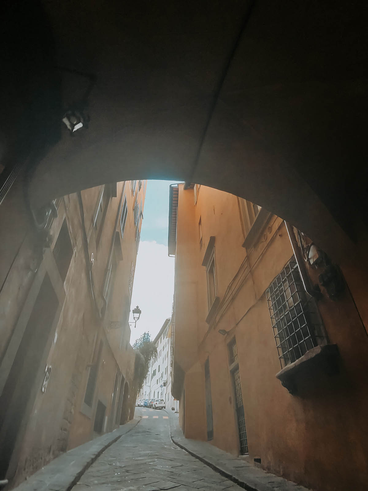 Steep narrow cobblestone hill leading to Florence botanical gardens with blind curve