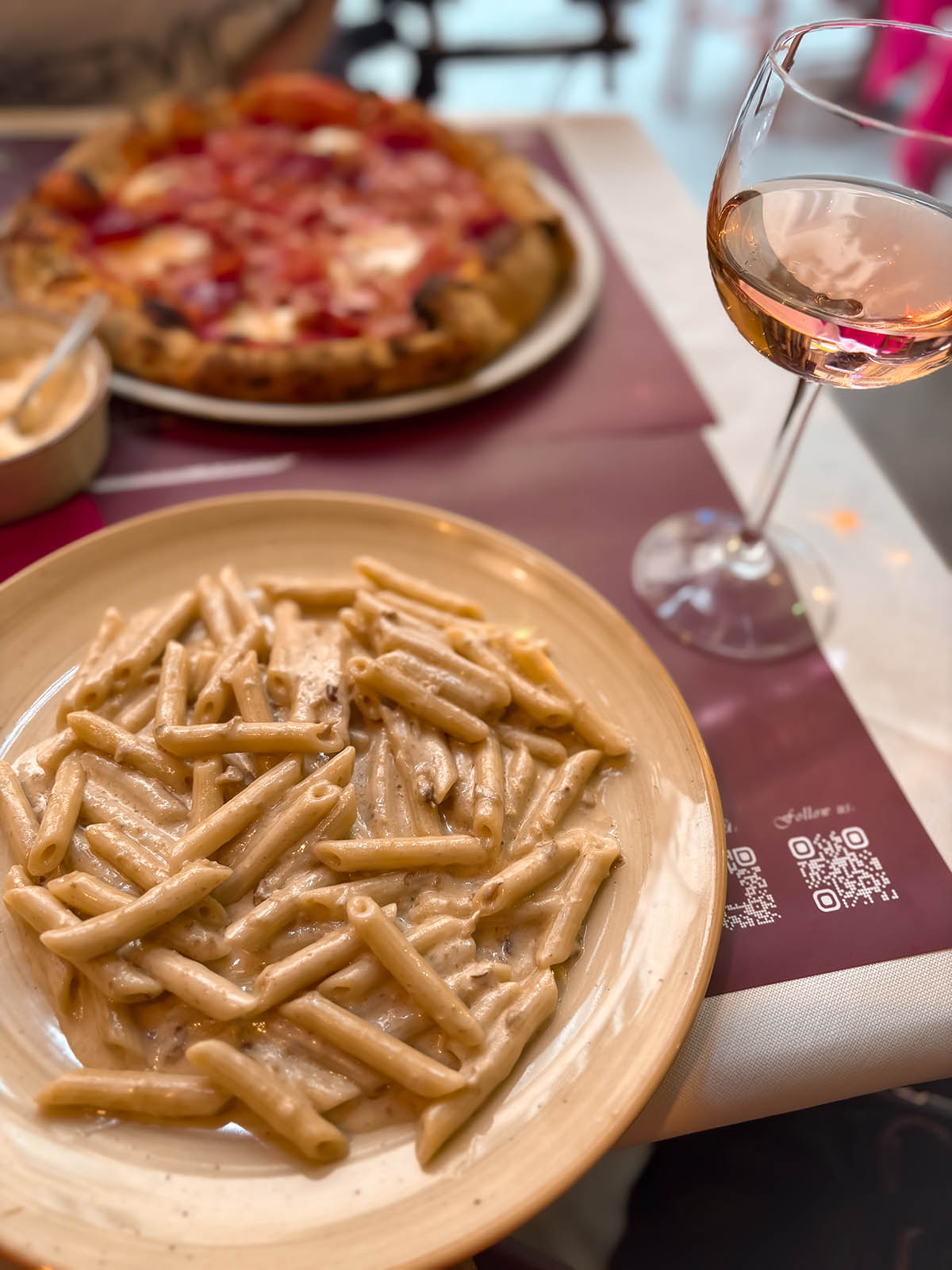 Rose wine and Gorgonzola pasta at Florence restaurant