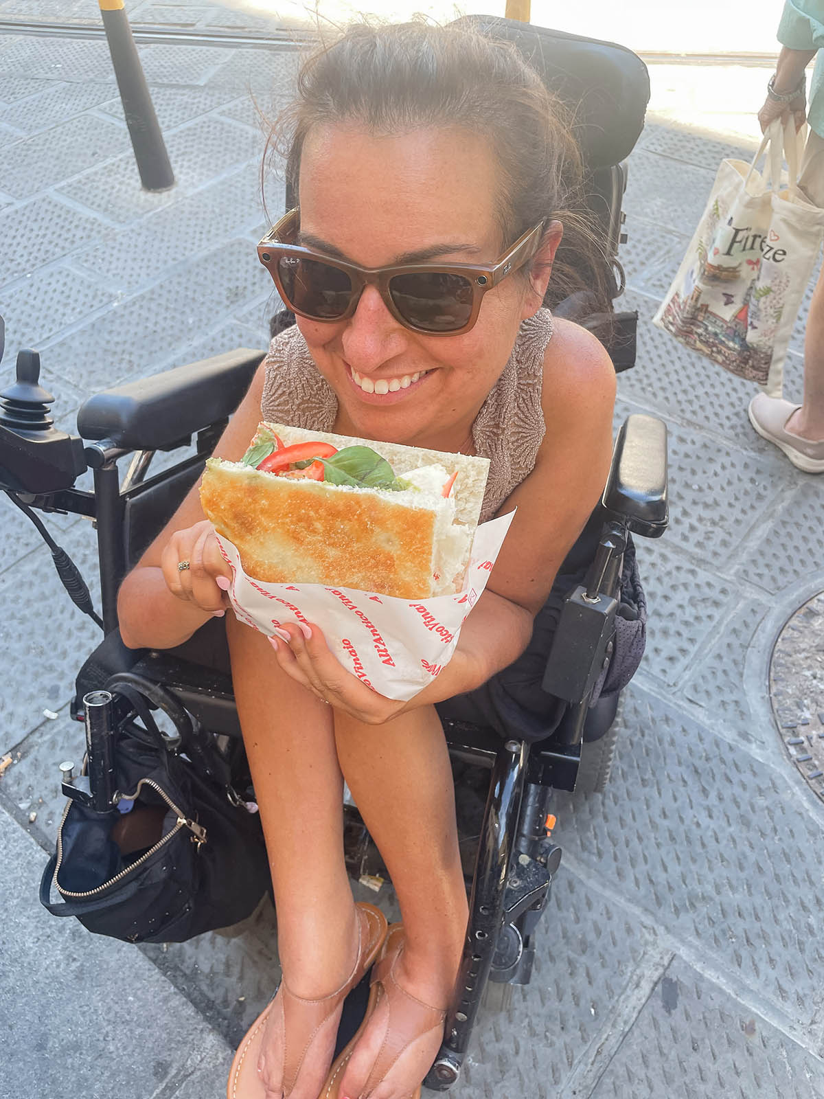 massive Caprese sandwich on schiacciata bread