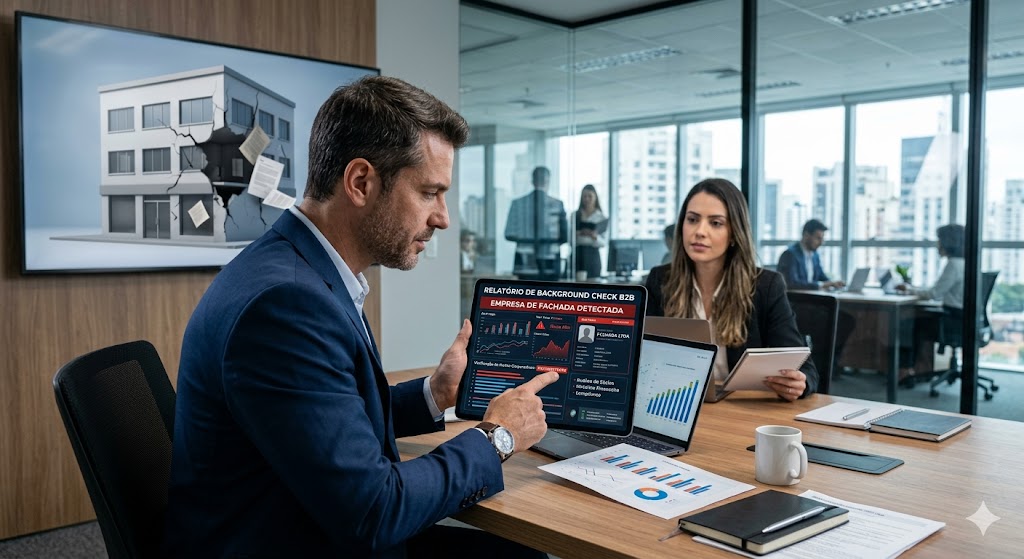 Executivo analisando relatório de background check em tablet com alerta de 'Empresa de Fachada Detectada
