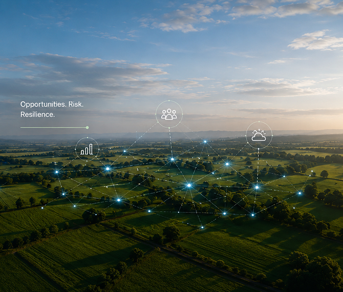 Aerial view of farmland at golden hour