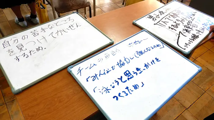 部活動の方針を検討したホワイトボード。生徒たち自らミーティングを設定し、話し合う＝撮影：秦さわみ
