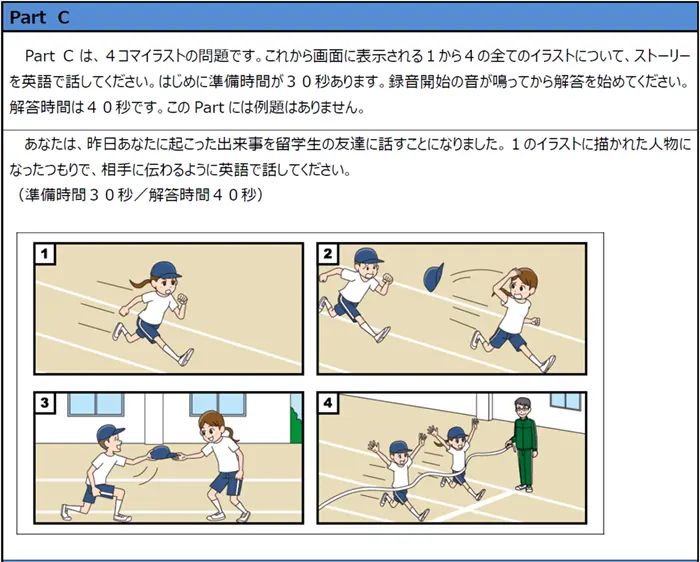 4コマのストーリーを英語で説明させる問題＝都教委のウェブサイトより