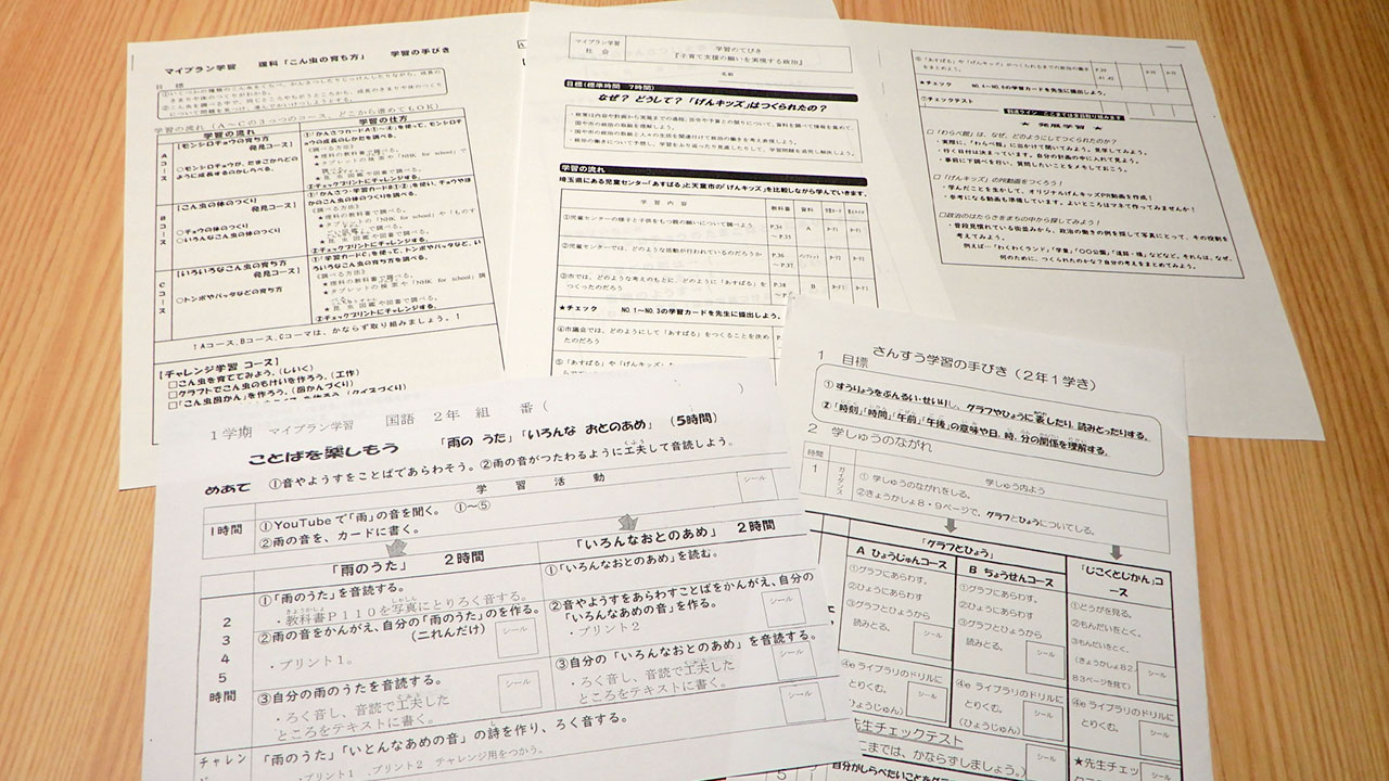 マイプラン学習のよりどころとなる「学習の手引き」。学年や学習内容に応じて工夫されており、発展学習もある