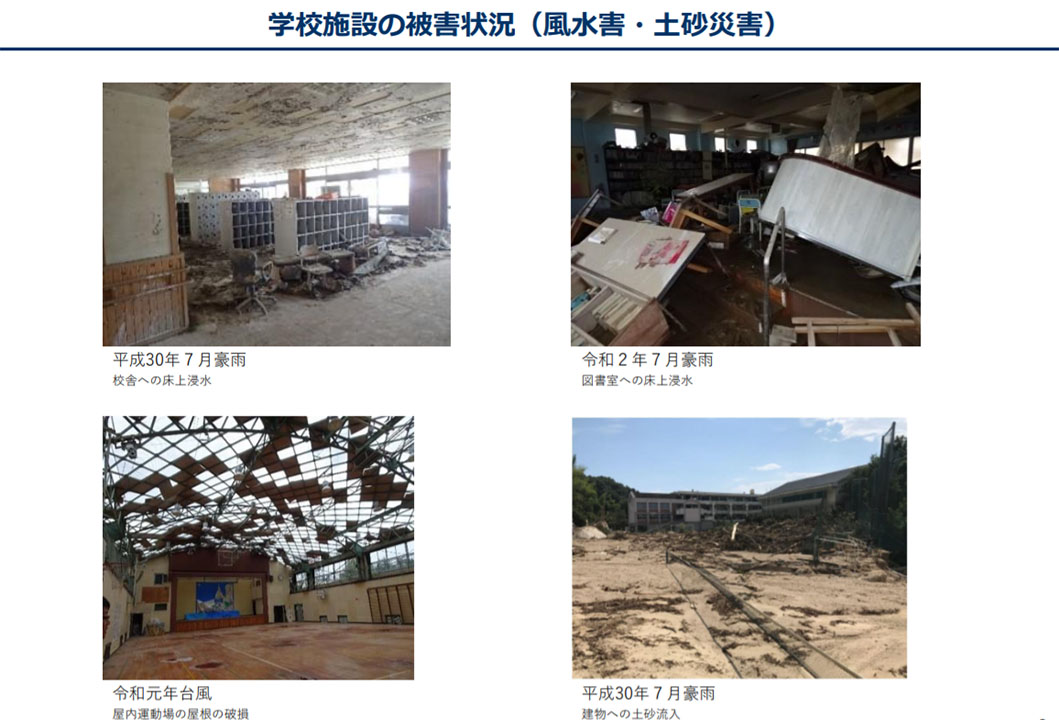 有識者会議で示された、過去の学校施設の豪雨被害を示す資料の一部