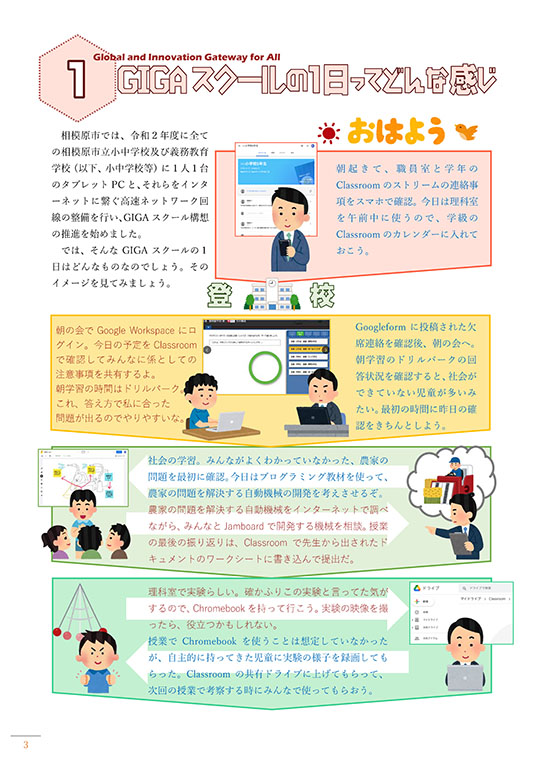 ハンドブックでは「GIGAスクールの1日」を紹介している