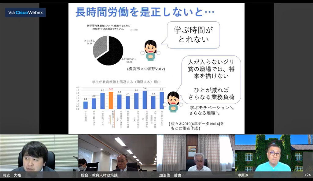 報告する町支大祐・帝京大講師（左下）と中原淳・立教大教授（右下）