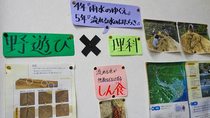 校内に掲示されている資料。「野遊び」の時間に理科も学ぶ＝撮影:山田博史