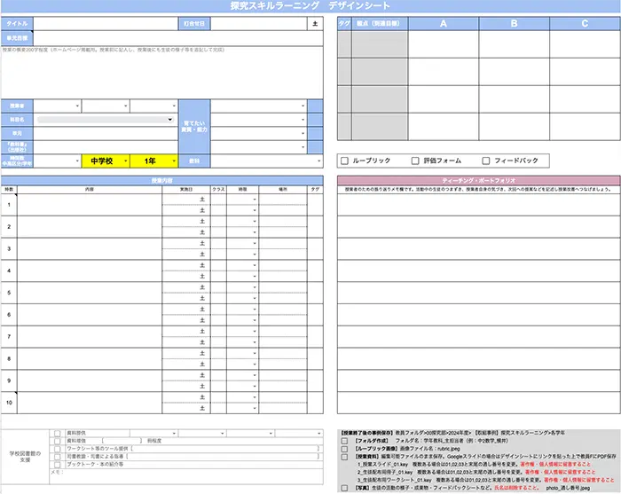 探究スキルラーニングデザインシート=提供:同校三浦司書教諭