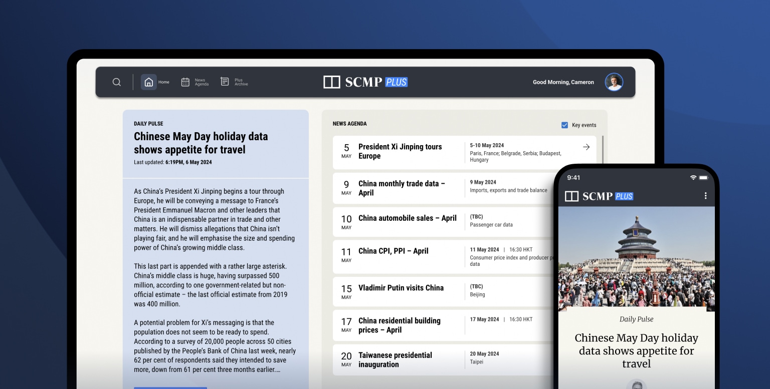 SCMP Plus screen capture in mobile and tablet mode.