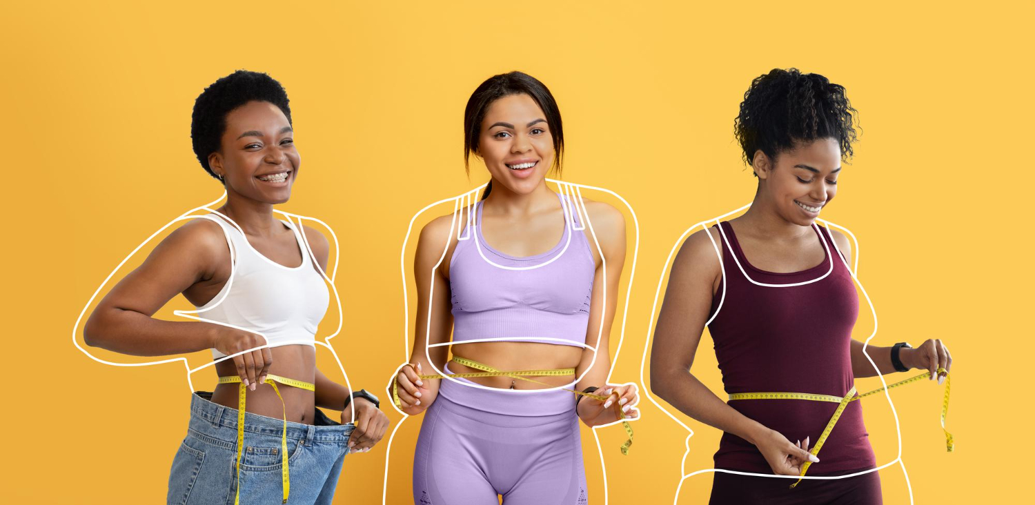 Three women show off their weight loss progress with tape measures around their waists.