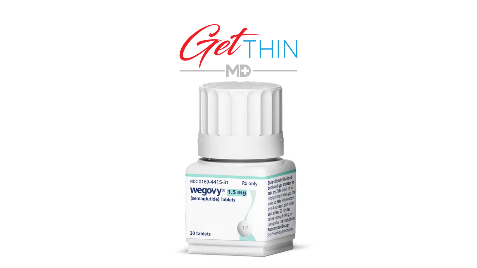A bottle of Wegovy pills for weight loss against a white background, with the Get Thin MD company logo.