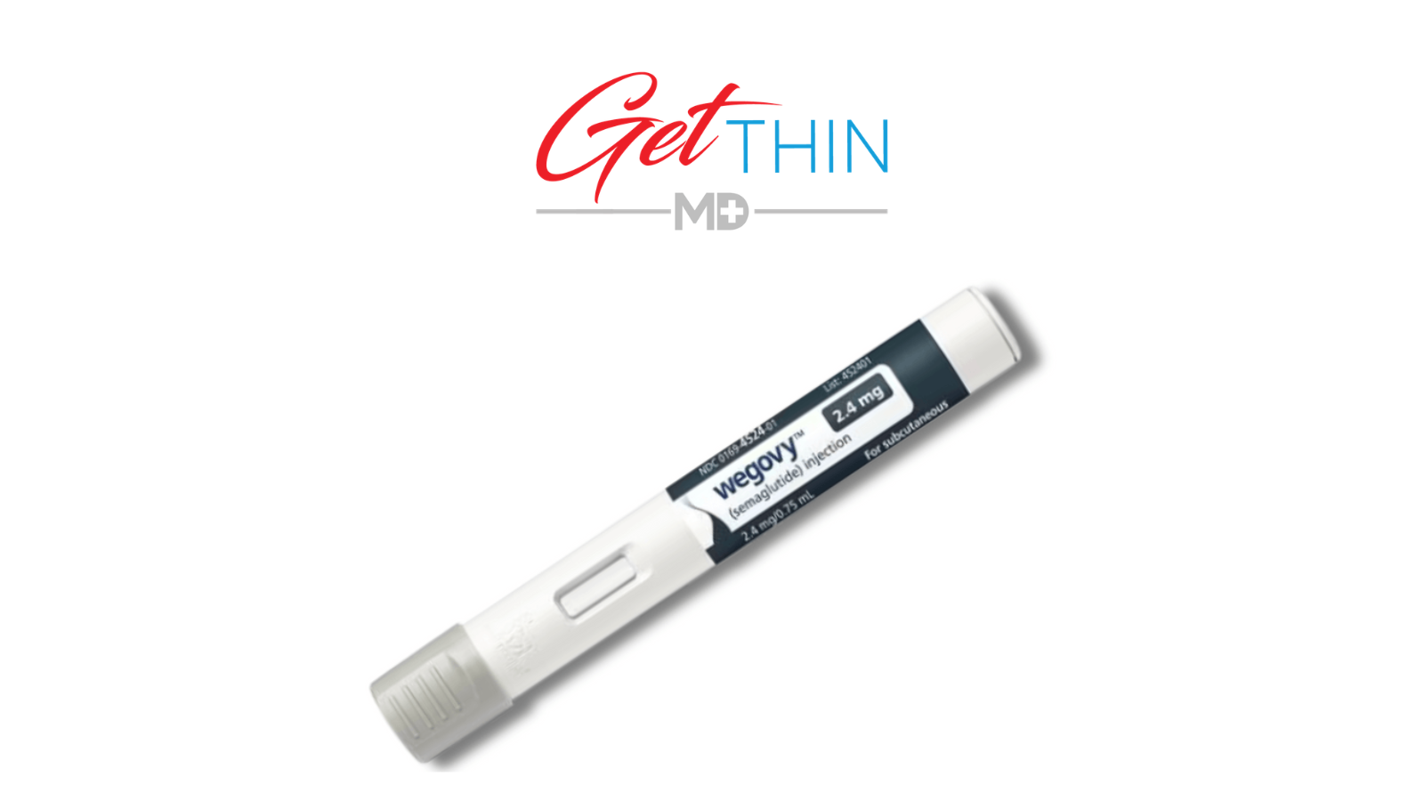 A Wegovy injectable medication pen pictured on a white background, below the Get Thin MD logo.