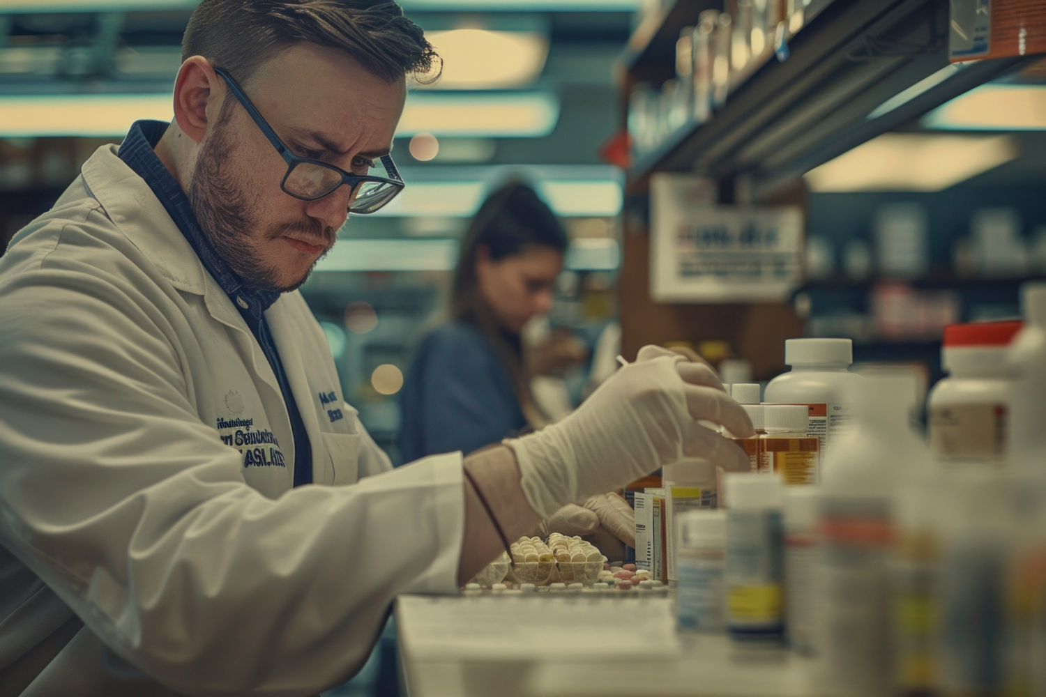 A male pharmacist works on compounding medications for patients.