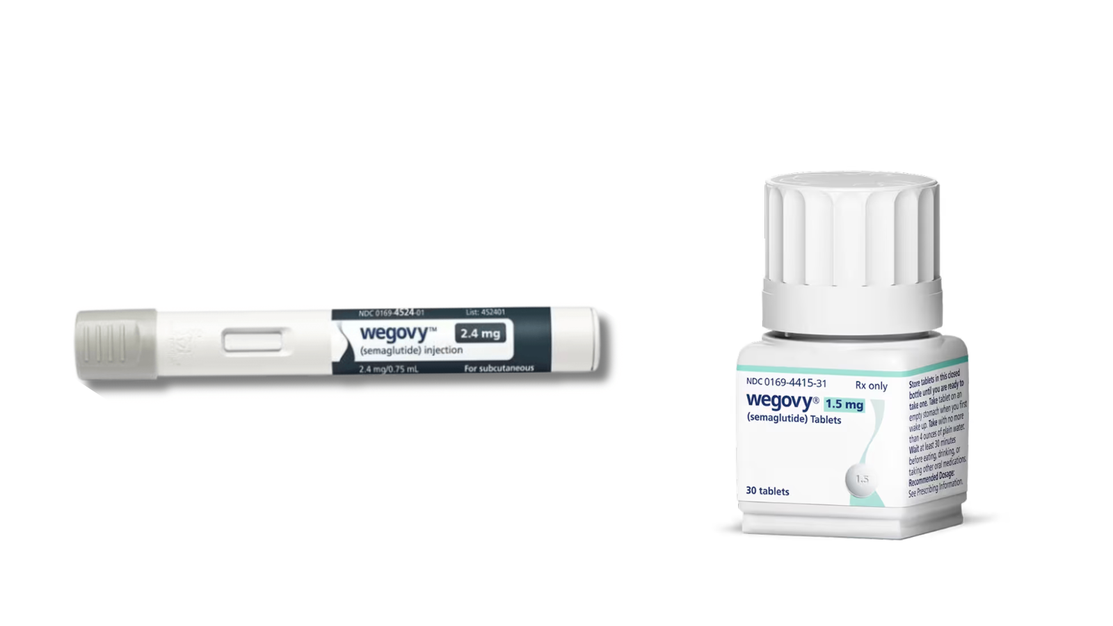 A Wegovy injectable pen and a bottle of Wegovy pills next to each other against a white background.