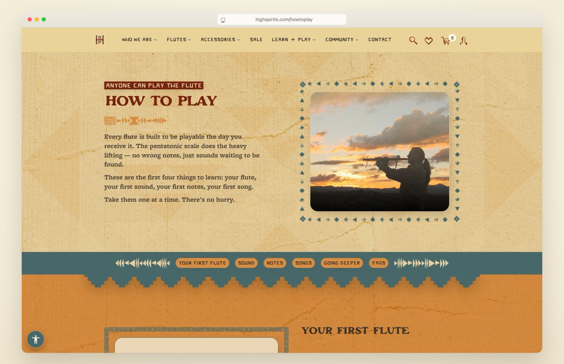 The redesigned High Spirits Flutes How to Play page in a browser window, with a silhouetted flutist at sunset and a beginner's guide to the Native American flute.