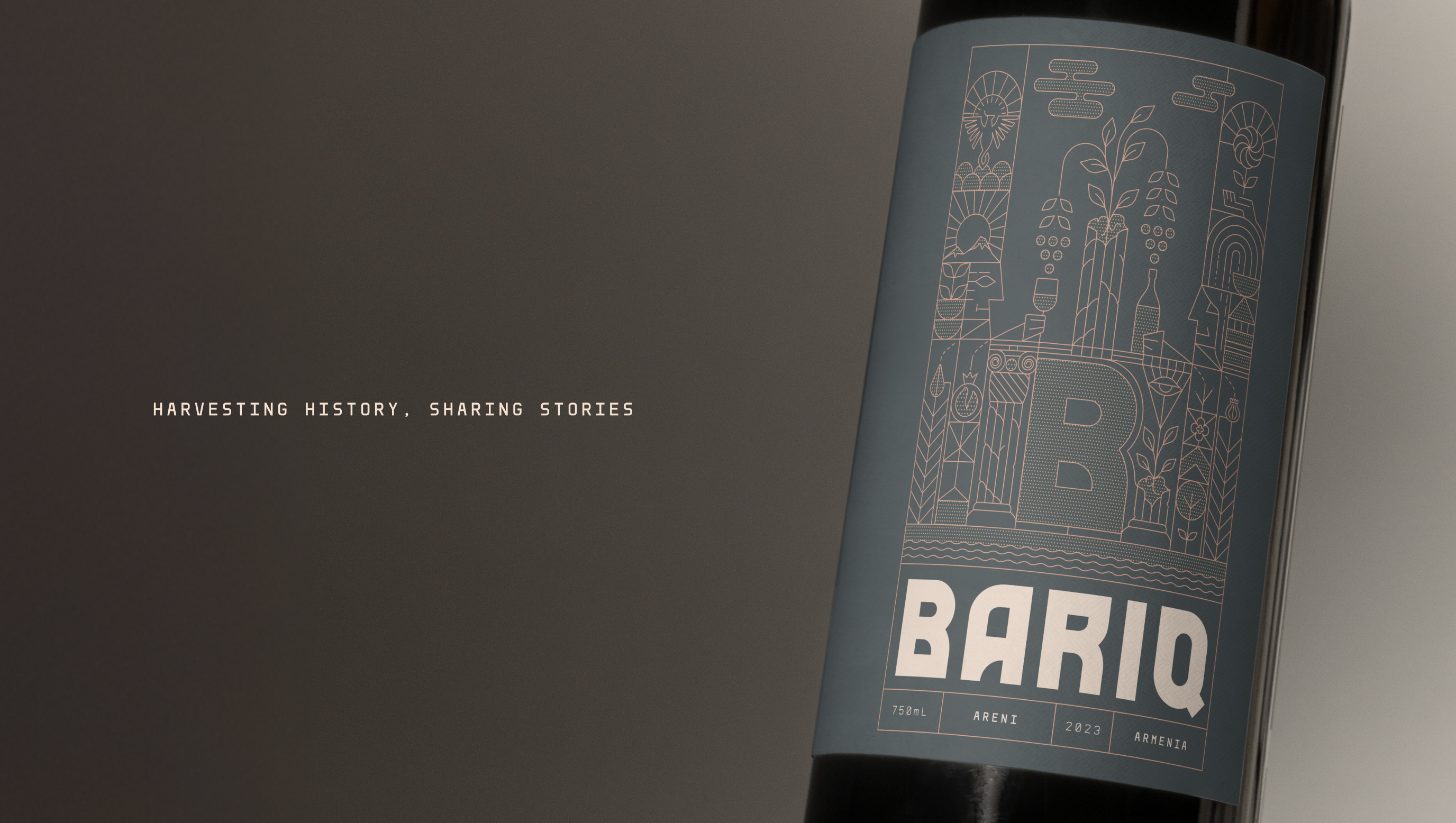 Close-up of the Bariq wine label's intricate Armenian line-art illustration beside the tagline "Harvesting history, sharing stories." Design by Johnny Lemoine.