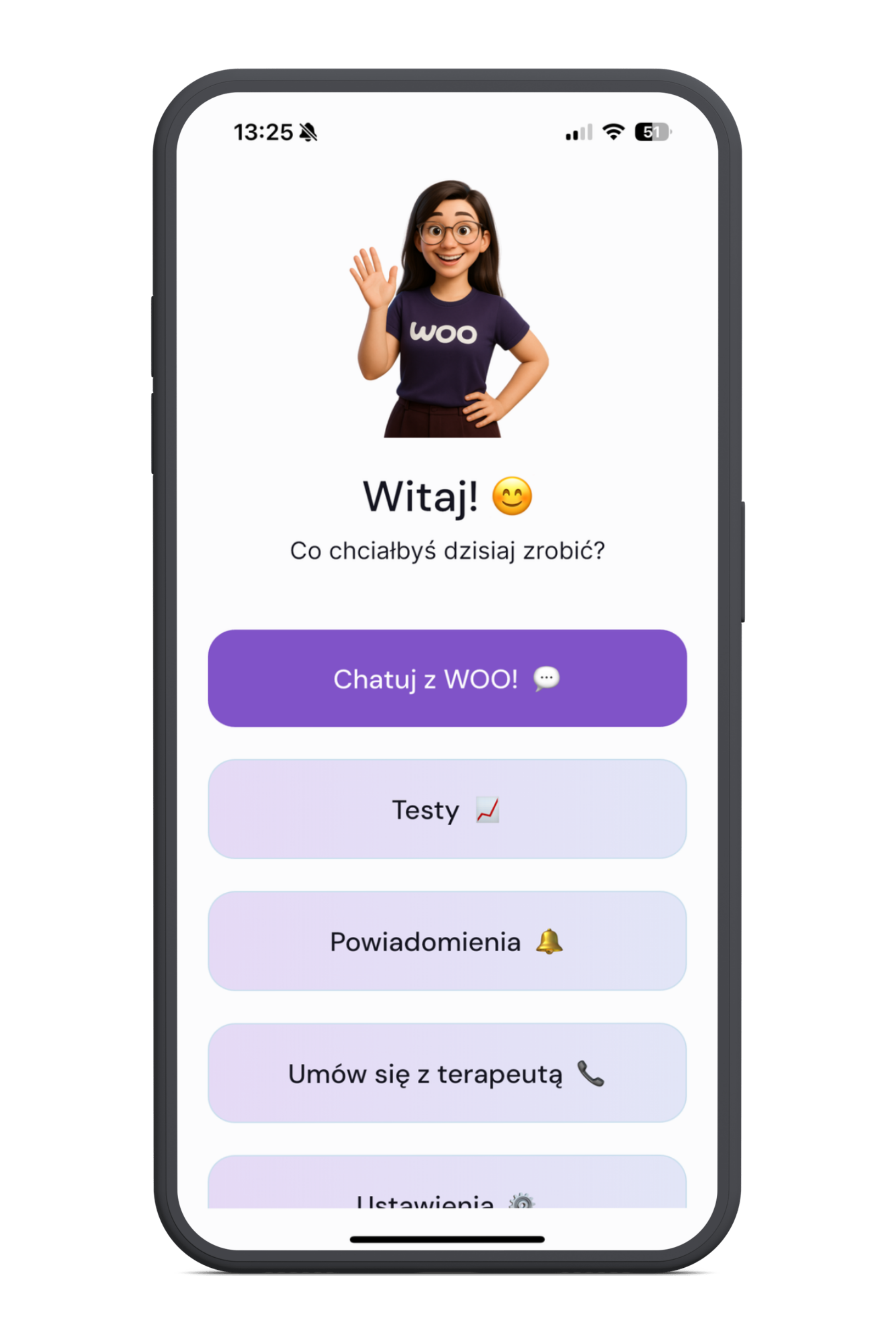 Ekran telefonu z animowaną postacią kobiety w koszulce z napisem WOO, powitanie „Witaj!” i opcje: Czatuj z WOO, Testy, Powiadomienia, Umów się z terapeutą, Ustawienia.