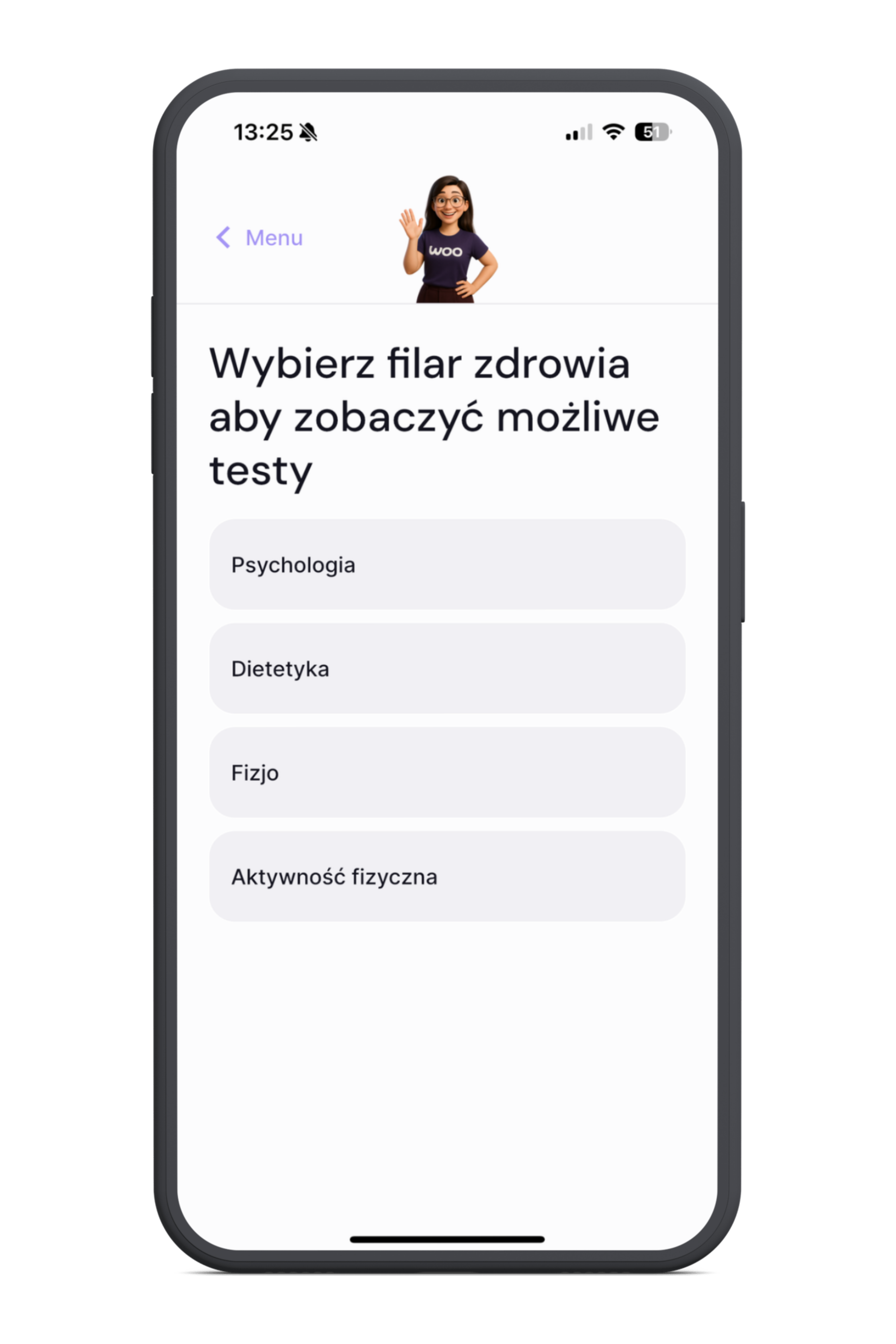 Ekran aplikacji mobilnej z nagłówkiem wybierz filar zdrowia aby zobaczyć możliwe testy oraz opcjami: Psychologia, Dietetyka, Fizjo, Aktywność fizyczna.