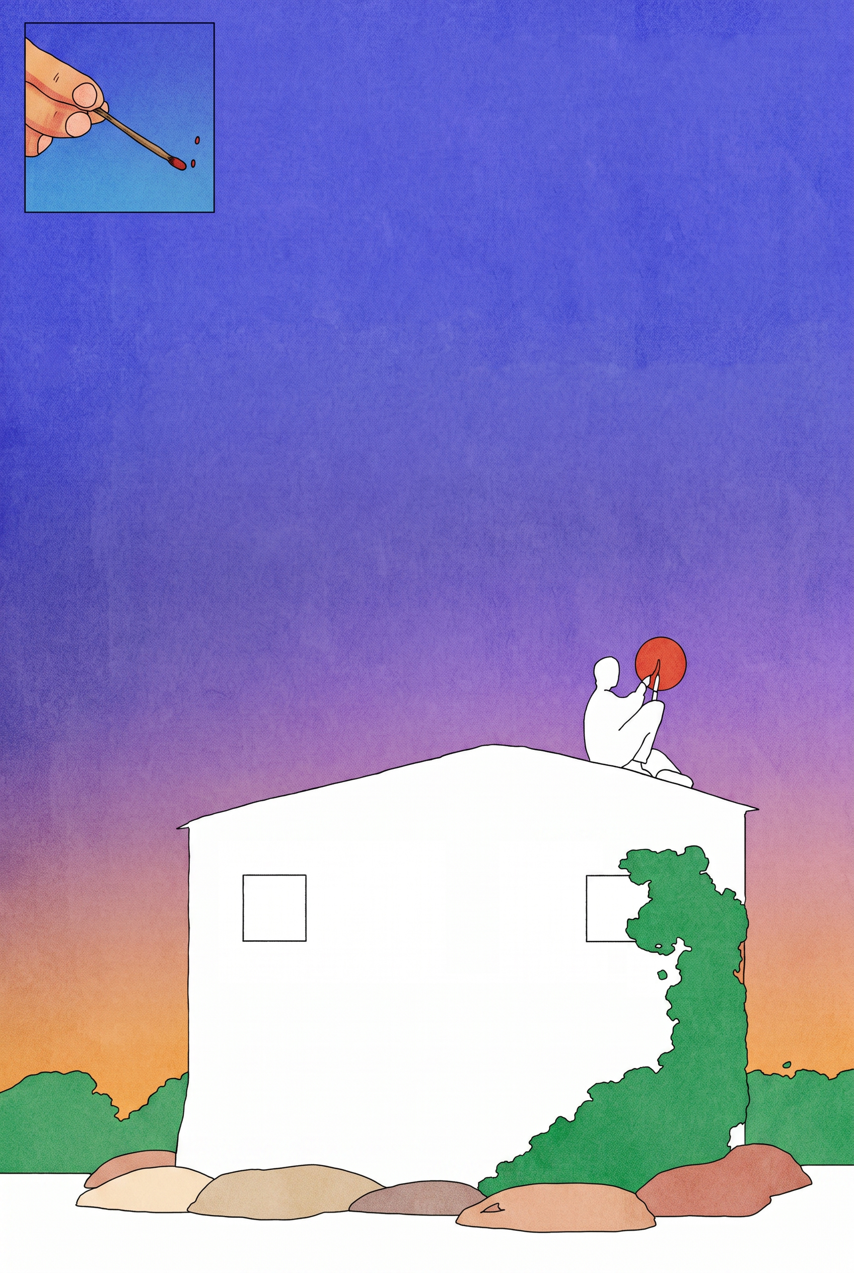 Juniper Foam illustration of a small white house under a violet-orange sky