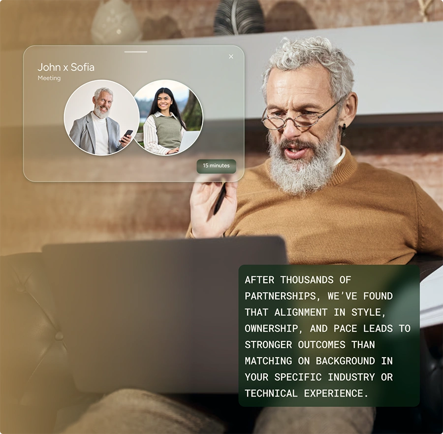 An older man with a grey beard looks at a laptop while a floating digital interface shows a "John x Sofia" meeting. A green text box overlays the scene, discussing the importance of alignment in style and pace over industry background.