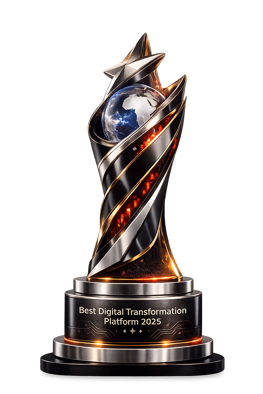 Vericash award trophy labeled 'Best Digital Transformation Platform' on a red background with text celebrating the award for empowering digital finance.