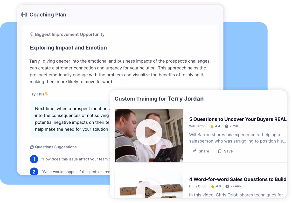 Custom training for the user, with image of the video, title of the lesson and description