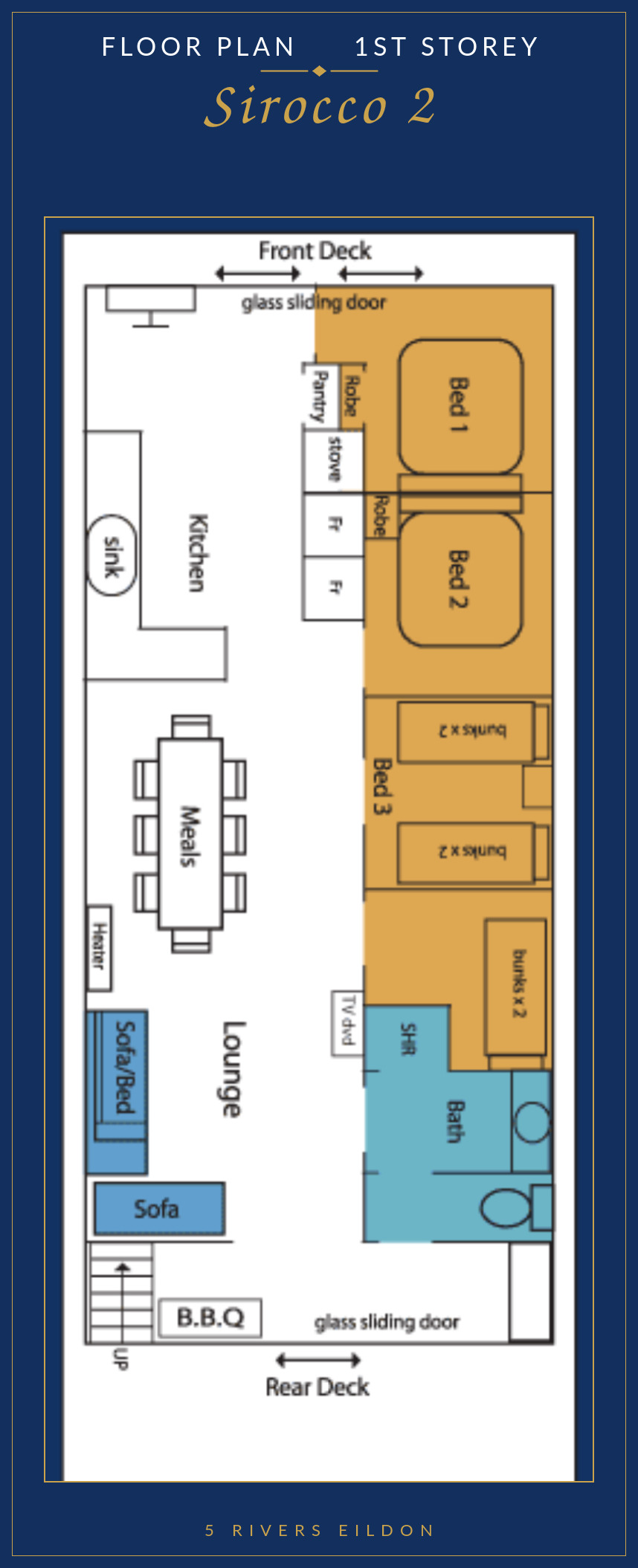 Floor plan diagram of Sirocco 2's first storey, showing the kitchen, dining, lounge, three bedrooms and bathroom layout.