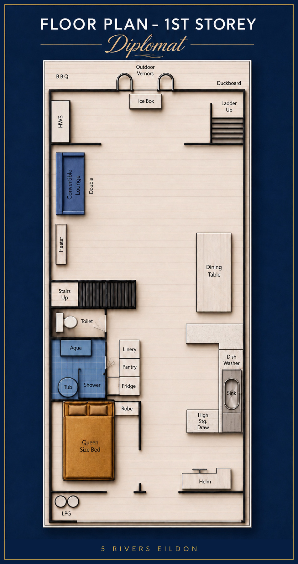 Floor plan diagram of the Diplomat's first storey, showing the lounge, dining, kitchen, queen bedroom, bathroom and helm layout.