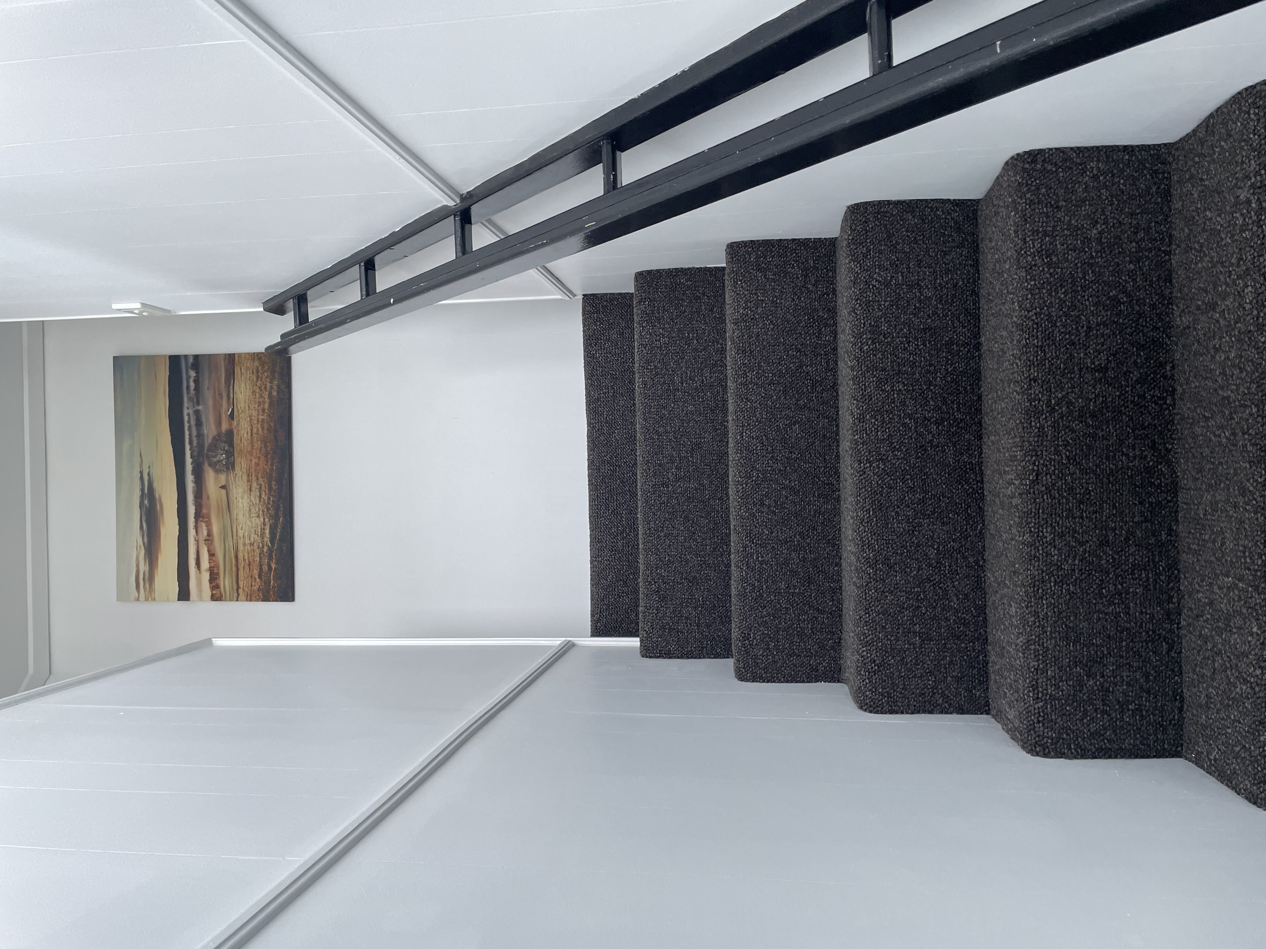 Interior carpeted staircase with a black handrail, framed landscape artwork on the wall above.