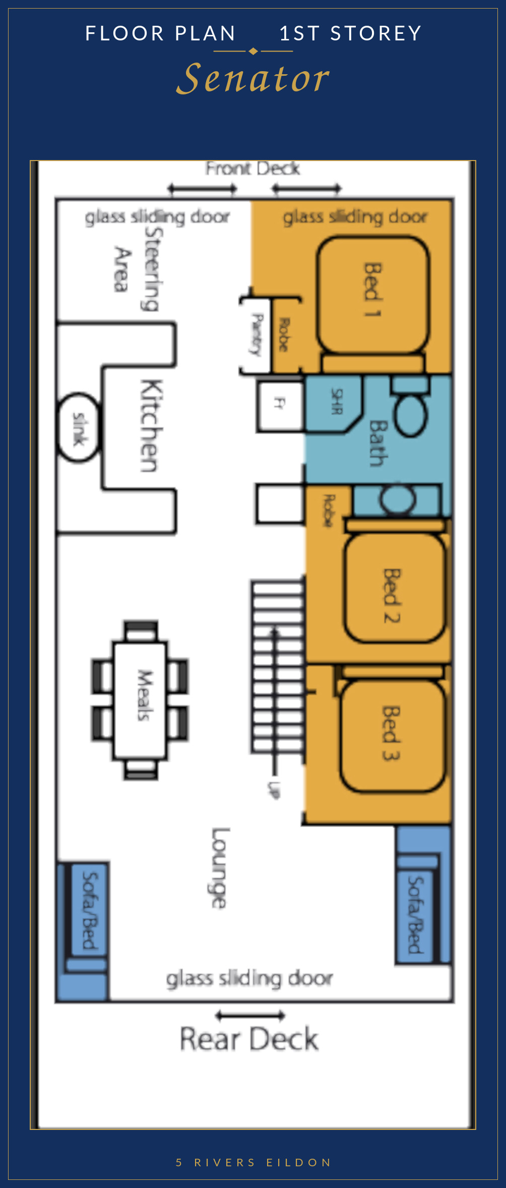 Floor plan diagram of the Senator's first storey, showing the steering area, kitchen, meals, lounge and three bedrooms.