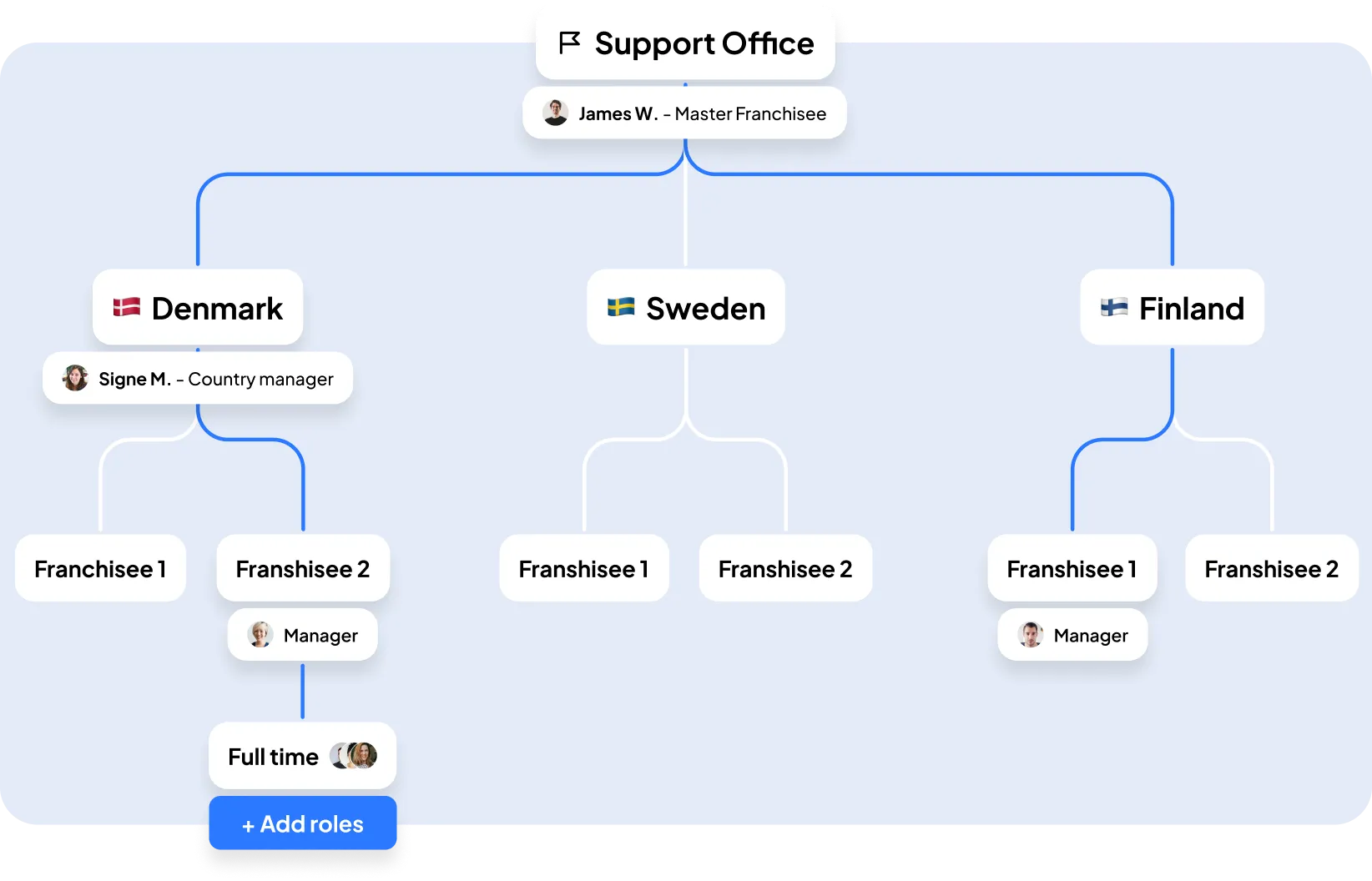 Organizational chart showing support office, country managers, and franchise hierarchy structure
