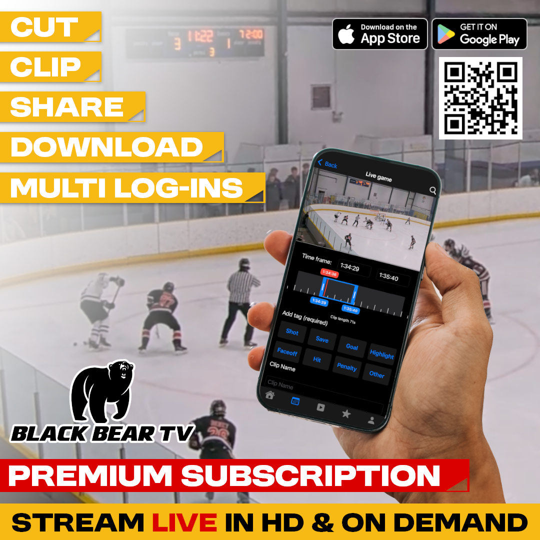 Hand holding a phone displaying a live hockey game clip editing interface with options like shot, save, goal, on an ice hockey rink background with text promoting Black Bear TV premium subscription and app download QR code.