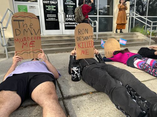 Young activists lay on the ground, holding up signs that read: "The DMV murdered me"