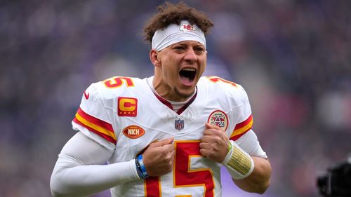 Kansas City Chiefs QB Patrick Mahomes rejoicing after winning Super Bowl LVIII
